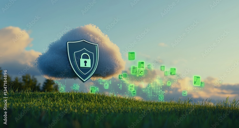 Aufkleber Secure cloud computing with shield and lock protecting data, ensuring online safety and privacy in the digital world