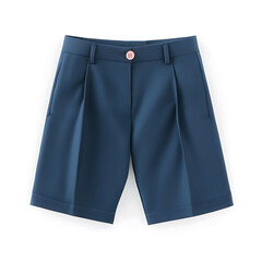 Tailored blue shorts with pleats pockets and a pink button isolated on a white background.