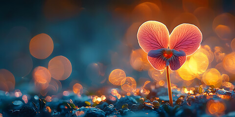 A single violet flower glows in soft light against a blurry backdrop of shimmering orbs.