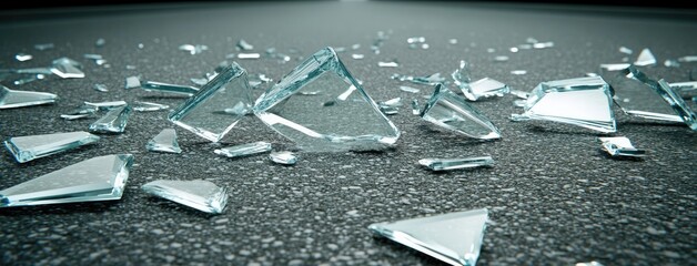 Shattered glass scattered across a dark asphalt surface after an accident during early morning light