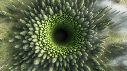 Abstract forest tunnel, aerial view, surreal landscape, digital art, possible use as wallpaper or background design