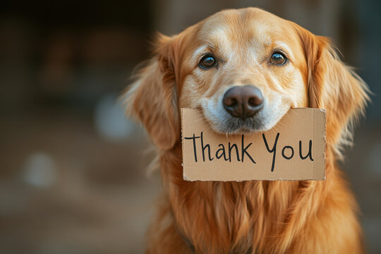 Dog wearing a "thank you" sign on face, looking at the camera with a joyful expression.