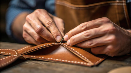 Crafting leather goods, skilled artisan meticulously stitches wallet, showcasing craftsmanship and attention to detail