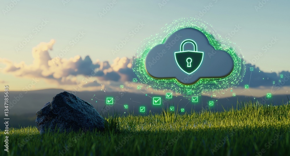 Poster Cloud security concept featuring a padlock securing data, symbolized by a cloud, hovering over a verdant landscape, ensuring data protection