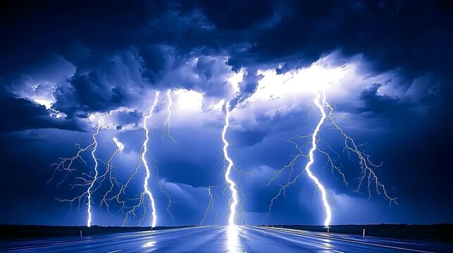 Powerful Lightning Storm Over a Road