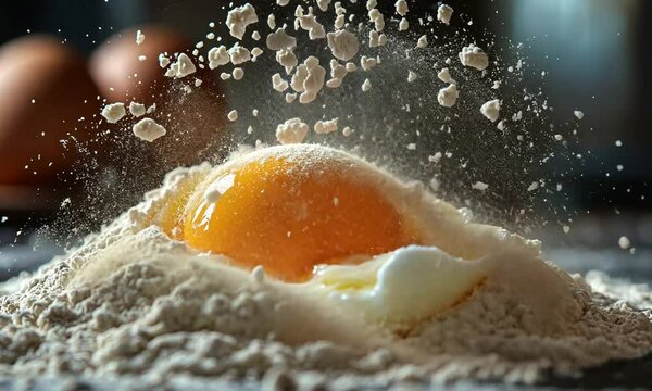Close-up of a fresh egg yolk breaking on a mound of flour, with eggs in the background