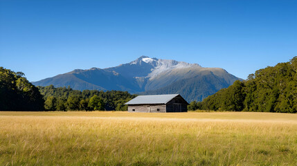 Scenic Mountain View Over Golden Wheat Field With Barn