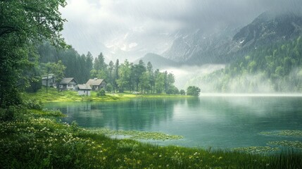 Misty mountain lake with rustic homes. Lush greenery surrounds a tranquil lake nestled amidst misty mountains