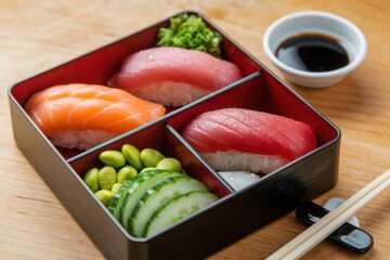 Fresh sushi bento box featuring assorted sashimi, edamame, and cucumber slices for a delicious meal option