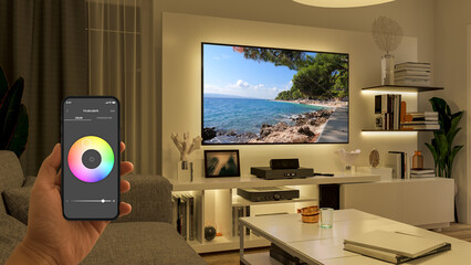Pleasant warm light behind the TV and shelves. The atmosphere is relaxing for watching movies. The hand holding the smartphone symbolizes the easy operation of the lights via the app. A smart home in 