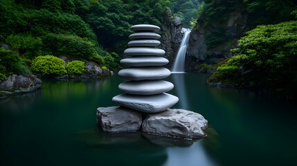 Serene Stacked Stones in a Lush Japanese Garden with Waterfall
