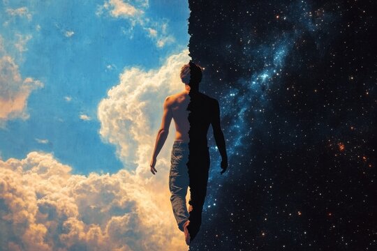 Surreal image of a man walking between day and night, half in clouds and half in starry sky, representing duality and balance, dreamlike atmosphere, contrast concept