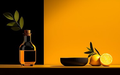Still life of bottle, bowl, and citrus fruits