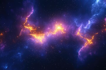 Cosmic nebula with vibrant purple and orange hues, glowing energy streams and scattered stars.