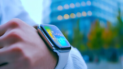 Someone checks their smartwatch showing health metrics, set against a vibrant city backdrop