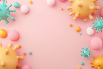Colorful Representation of Microbial Warfare Concept Featuring Bacteria and Viruses on Pink Background