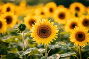 Fototapeta premium Field of sunflowers in full bloom joy and positivity on a white background