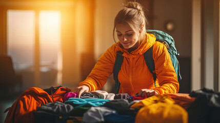 In warm morning light, female traveler examines colorful clothing while preparing for adventure