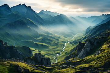 misty morning hours unveil a mountain range allure, with its rugged terrain, soft illumination, and inherent tranquility that mountains so often bestow