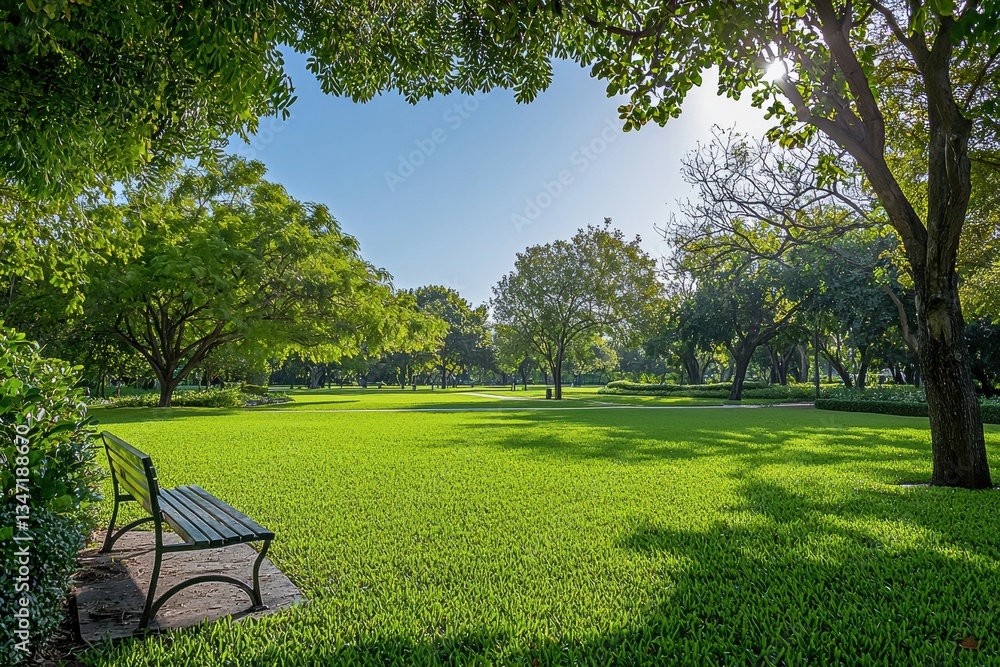 Aufkleber lush green grass and trees create a peaceful atmosphere in a park, a bench inviting visitors to rela