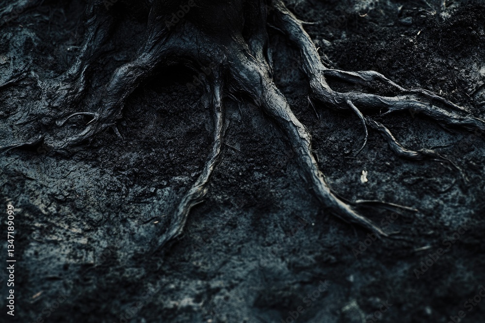 Poster dark, gnarled tree roots spread across damp, dark soil, creating a mysterious and moody scene.