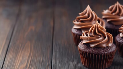 Chocolate Cupcakes on Wood: An array of tempting chocolate cupcakes topped with swirls of rich frosting sits invitingly on a dark wood surface. A visual delight, perfect for dessert lovers.