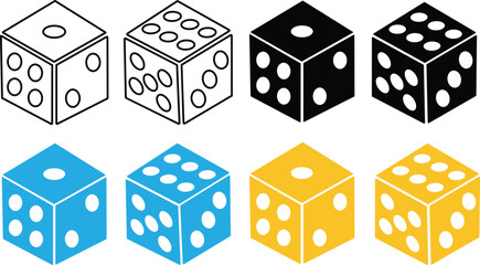 Dice six side face icon set. Playing cubes rolling dice vector isolated on transparent background. Six-sided dice, die for casino gambling line art icon for apps and websites. Vector illustration.