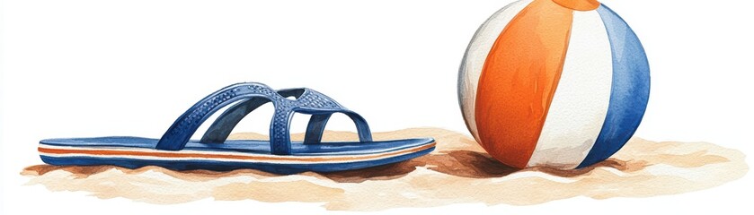 Minimal Watercolor Illustration of Flip Flop and Beach Ball on Sand for Summer Vibes
