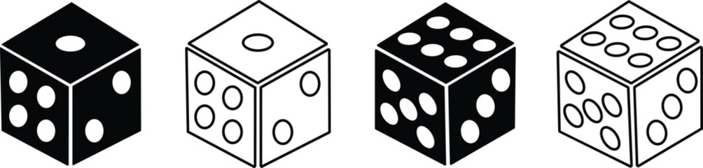 Dice six side face icon set. Playing cubes rolling dice vector isolated on transparent background. Six-sided dice, die for casino gambling line art icon for apps and websites. Vector illustration.