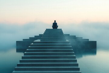Fototapeta premium Solitary figure on misty staircase over water at dawn, serene and contemplative atmosphere, introspection and tranquility concept