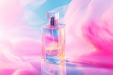 Pastel Perfume Bottle on Pink and Blue Gradient Background 
