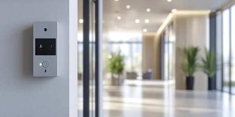 Close-up of a smart door intercom with a camera and web streaming in an office building
