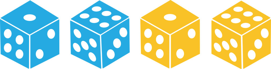 Dice six side face icon set. Playing cubes rolling dice vector isolated on transparent background. Six-sided dice, die for casino gambling art icon for apps and websites. Vector illustration.