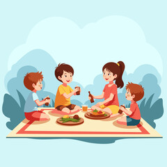 Family picnic scene with kids enjoying laughter and delicious food, joyful moments
