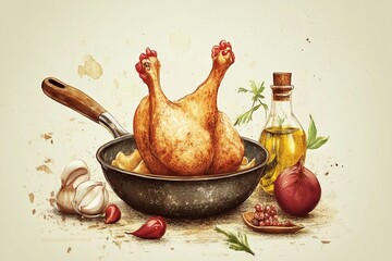 Rustic Roasted Chicken with Herbs and Spices in a Pan - Watercolor Illustration