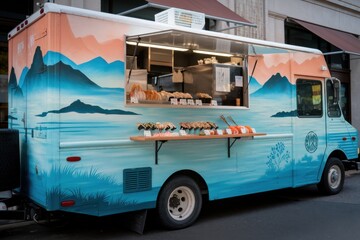 Sushi food truck serving fresh rolls in a vibrant coastal-themed design on a busy street