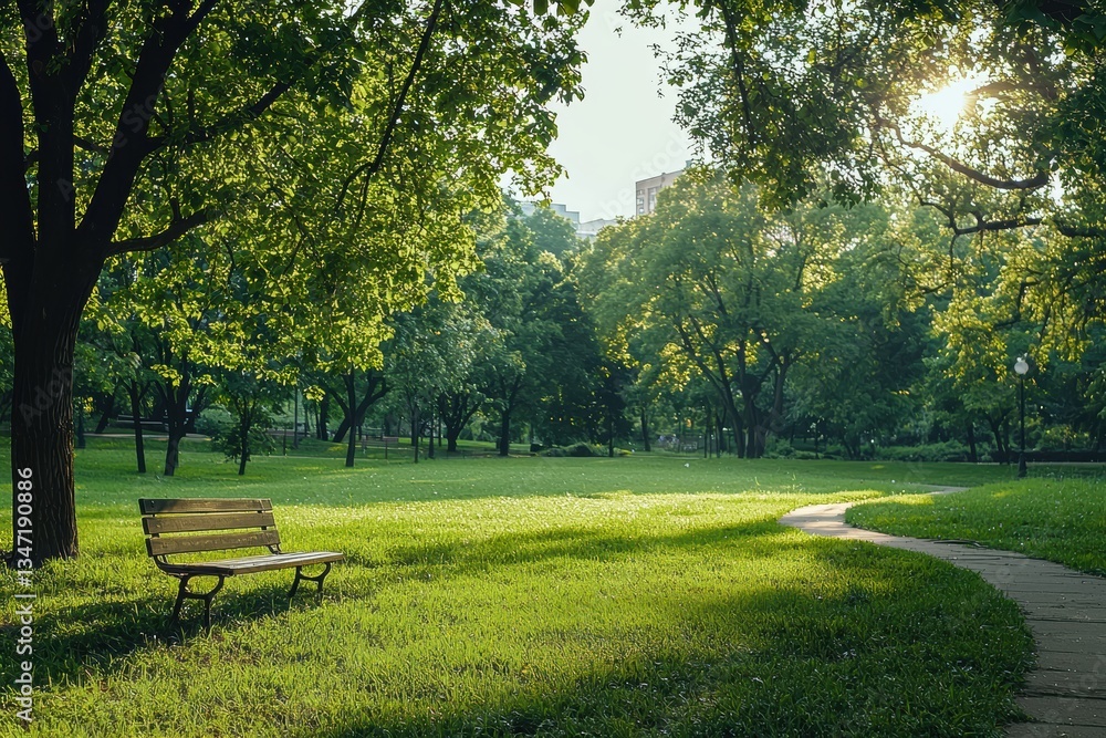 Poster Sun shining through trees in a tranquil park with an empty bench, inviting visitors to enjoy the peaceful green space