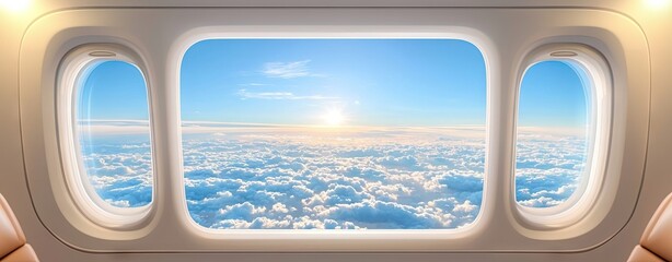 beautiful clouds from plane window View from an airplane window above the clouds. fantasy sky from plane window view