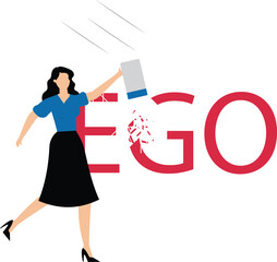 Being open to feedback and constructive criticism, businesswoman deflating word EGO