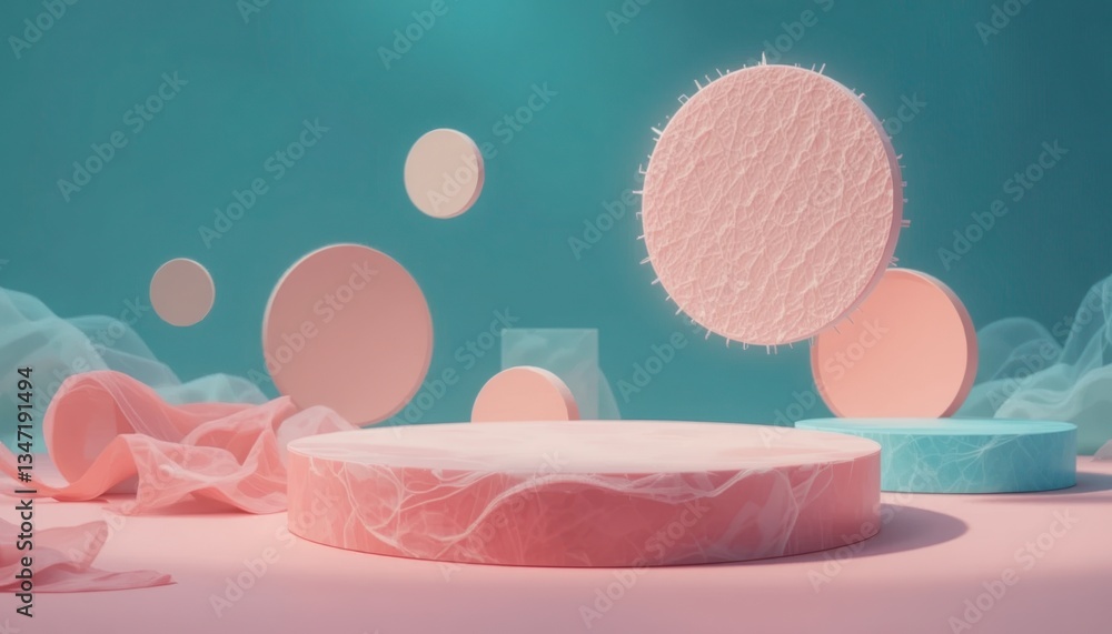 Poster floating abstract shapes in a studio setting 3d render minimalist design soft pastel colors creative
