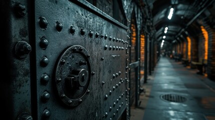 Subway platform with metal doors tightly shut, waiting commuters in the background, urban life scene.