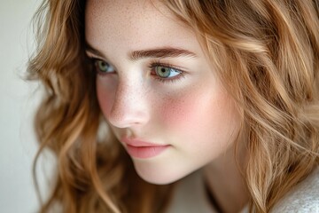 Fototapeta premium Close-up portrait of a woman with green and pink eye makeup, showcasing soft features and wavy hair