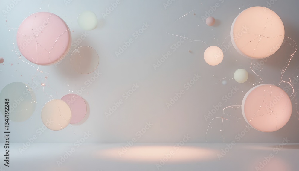 Poster dynamic floating bubbles minimalist studio abstract art soft colors aerial perspective visual concep