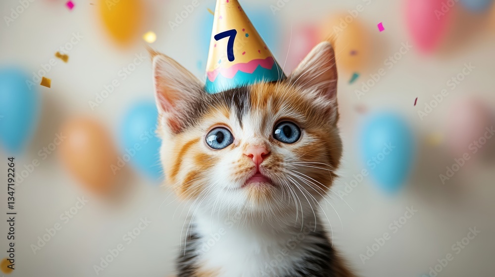 Poster cat wearing a birthday hat with the number 7 on it. the cat is looking at the camera with a curious 