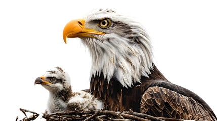 Fototapeta premium Majestic Eagle with baby in nest isolated on transparent background, detailed photo, png 