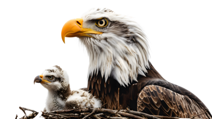 Majestic Eagle with baby in nest isolated on transparent background, detailed photo, png 