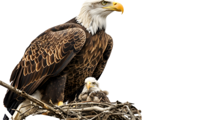 Majestic Eagle with baby in nest isolated on transparent background, detailed photo, png 
