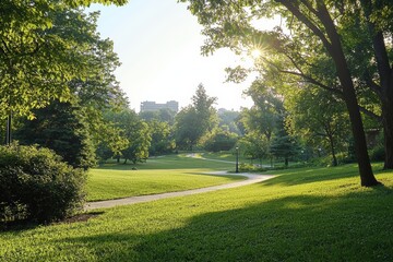 Fototapeta premium Curving asphalt walkway passing through lush green landscape, sunlight streaming between branches on peaceful morning