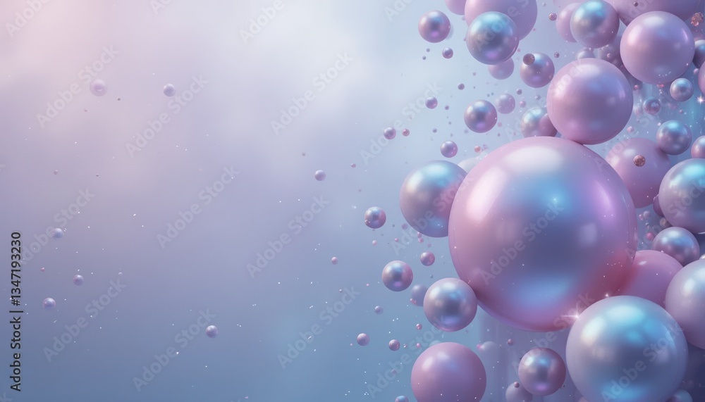 Poster dynamic colorful bubbles floating in an abstract space digital artwork soft pastel background ethere