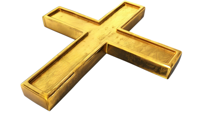 metal gold cross on transparent background, detailed photo, png 